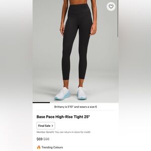 Lululemon Base Pace Black High-Rise Tights size 6